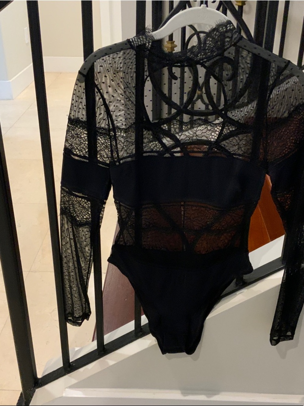 Thistle and Spire Black Sheer Lace Long-Sleeve Bodysuit